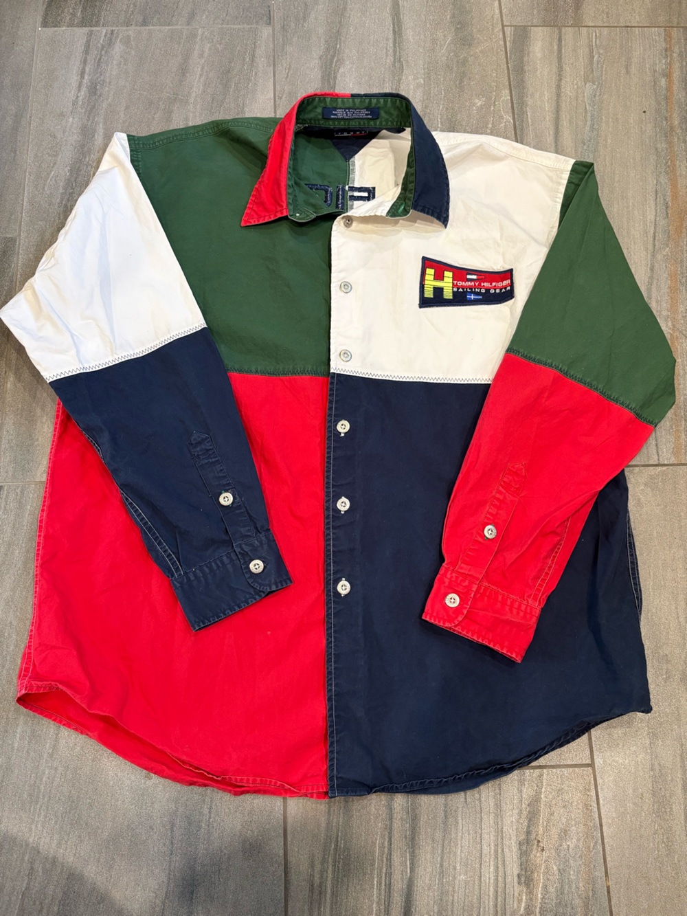 Vintage 90s Tommy Hilfiger Sailing Gear 045/88 Color Block Cotton Button Up L